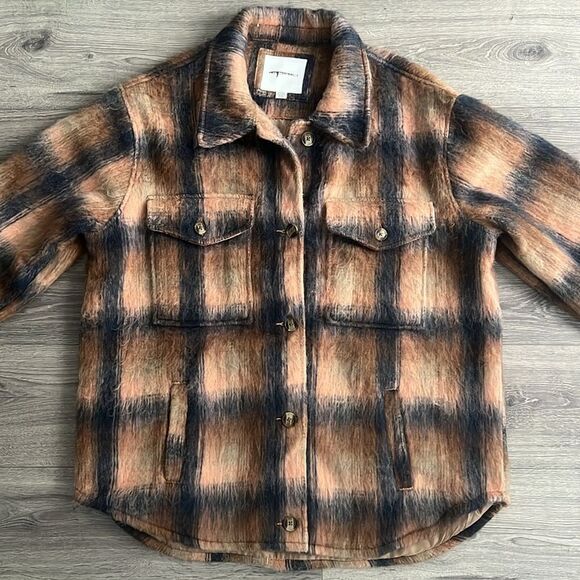 AMERICAN EAGLE Brushed Shacket Size XL Oversized Brown Navy Plaid Western Boho - Picture 4 of 11